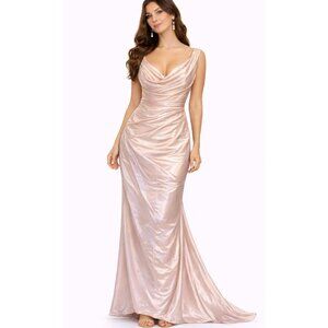 Women’s Size 2 Champagne Satin Formal Prom Dress Cowl Neck Evening Gown